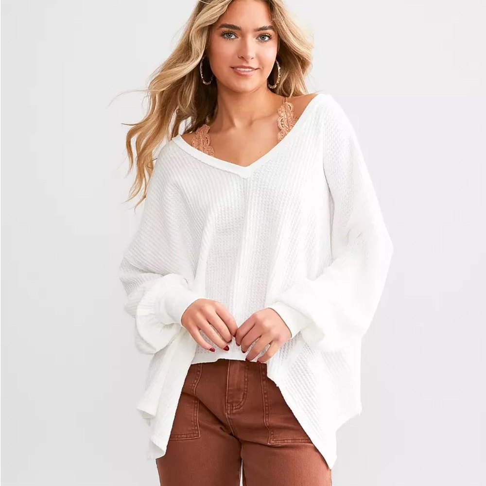 Free People White V-Neck Waffle Shirt